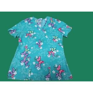 SB Scrubs Women's Teal Butterfly V-Neck Scrub Top Size Medium Medical Uniform